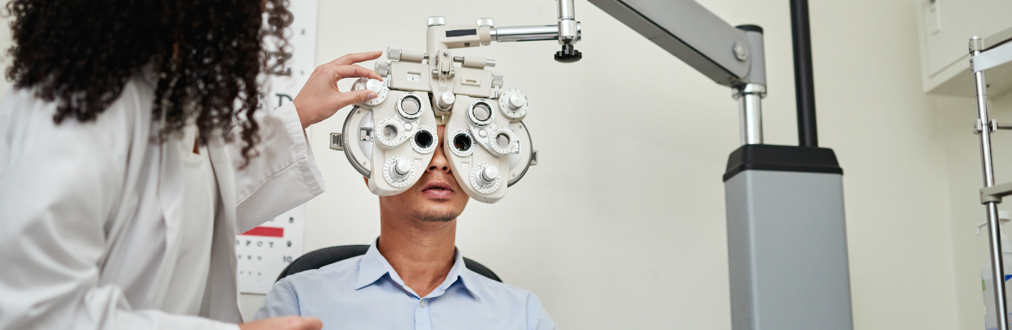 Optometrist, woman and client for eye care, in office and for appointment.