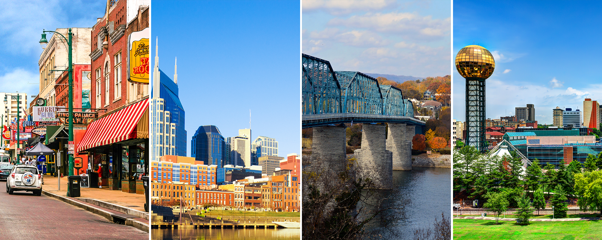 Photos of Beale Street, Nashville skyline, Chattanooga and Knoxville