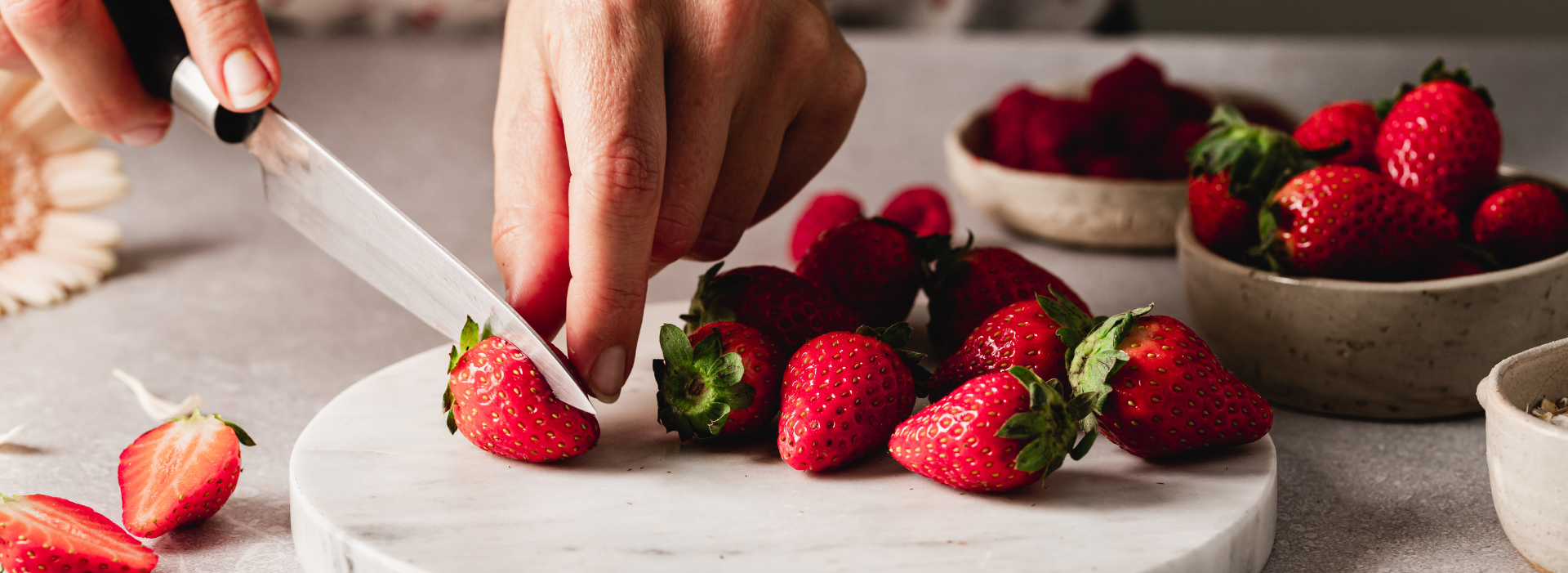 cutting strawberries
