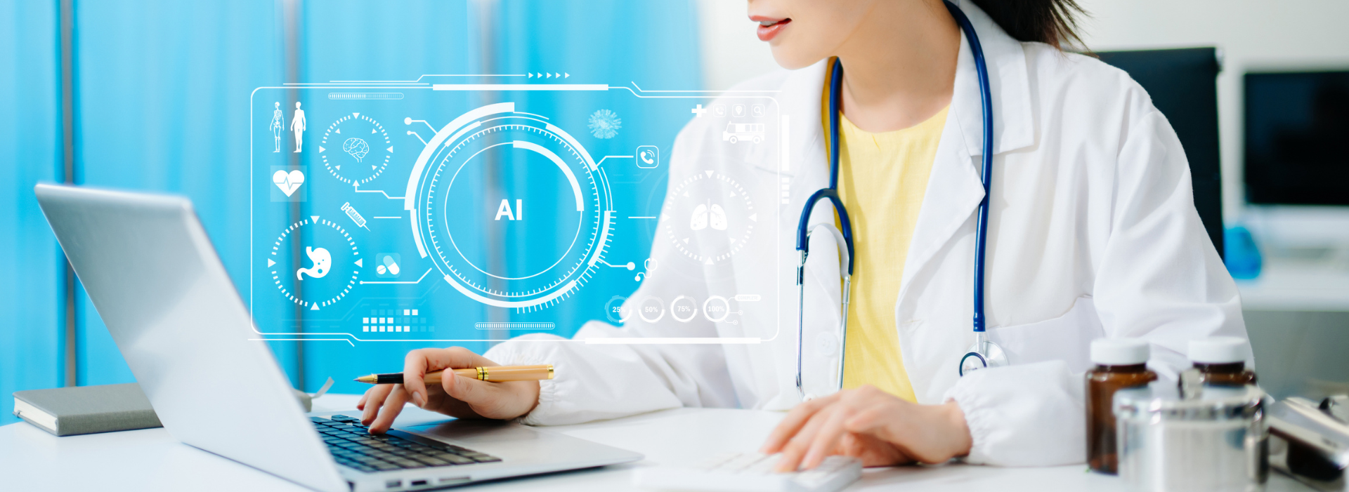 Doctor using AI technology on laptop in hospital lab. Modern healthcare, digital innovation, medical data analysis, and smart diagnosis with real people concept.