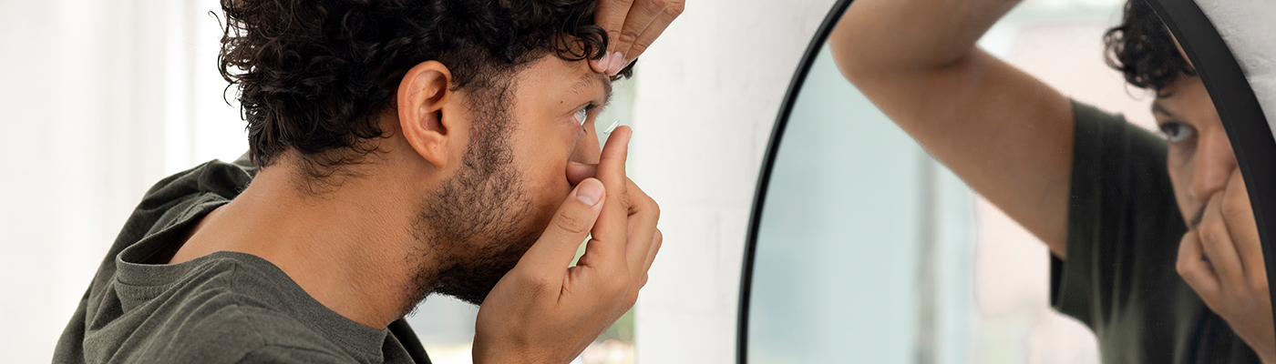 Man looks in mirror as he puts contacts in