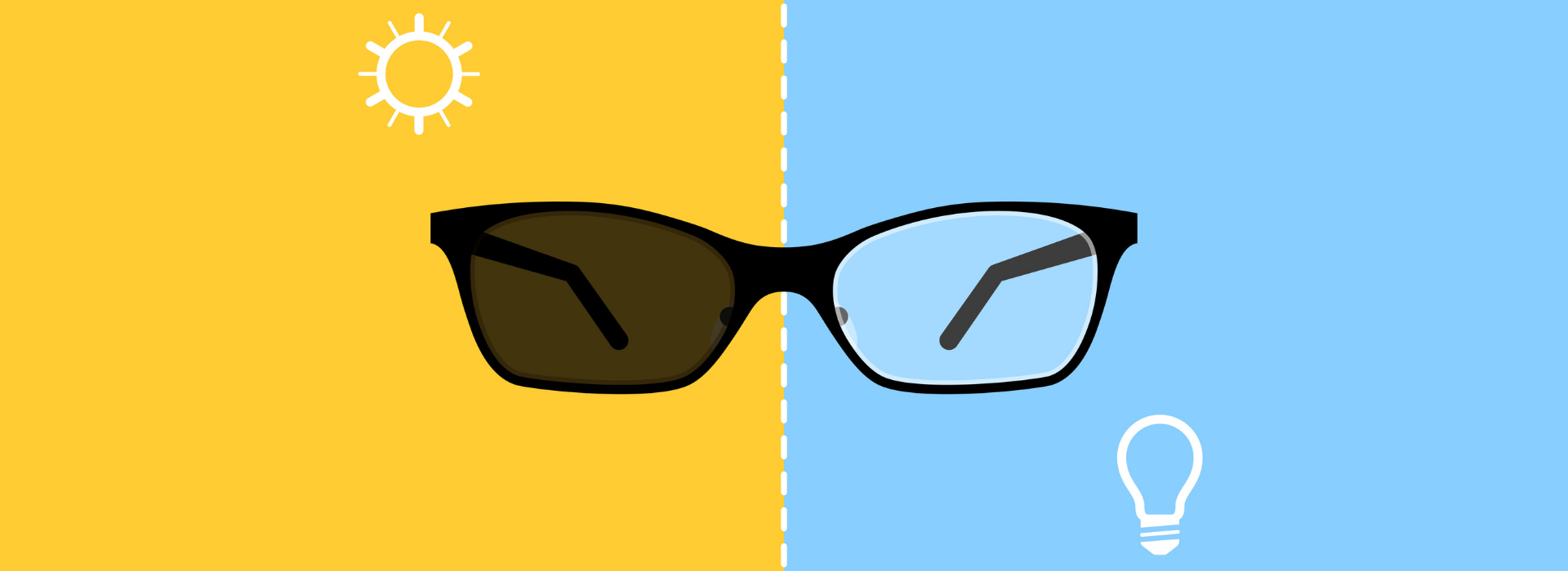 graphic showing glasses under a lightbulb and sunglasses under the sun